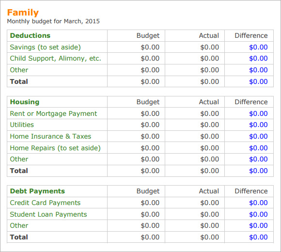 sample of monthly family budget