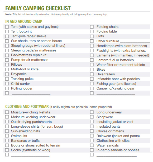 FREE 9+ Camping Checklist Samples in Google Docs | MS Word ...