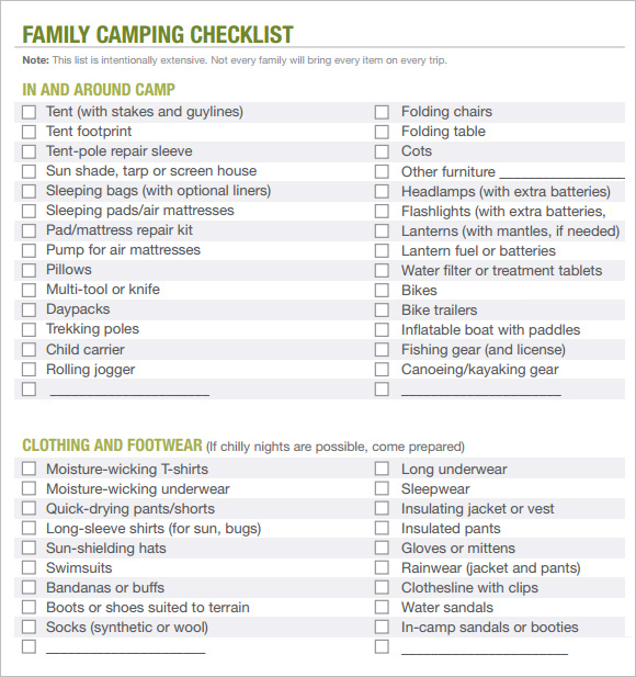 Camping Checklist Sample