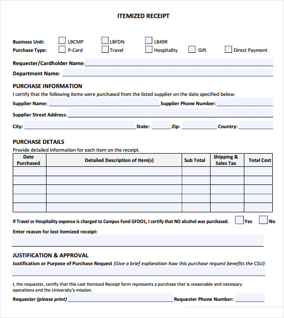 free 8 itemized receipt templates in excel ms word number pages