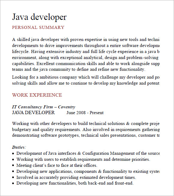 resume format for java developer with 2 year experience