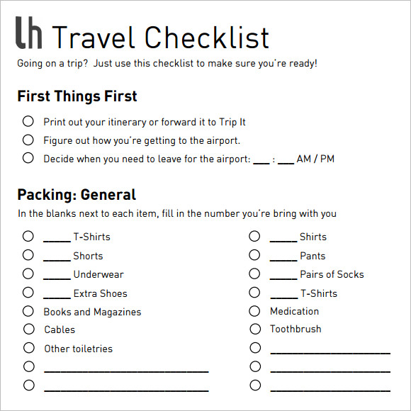 travel checklist format