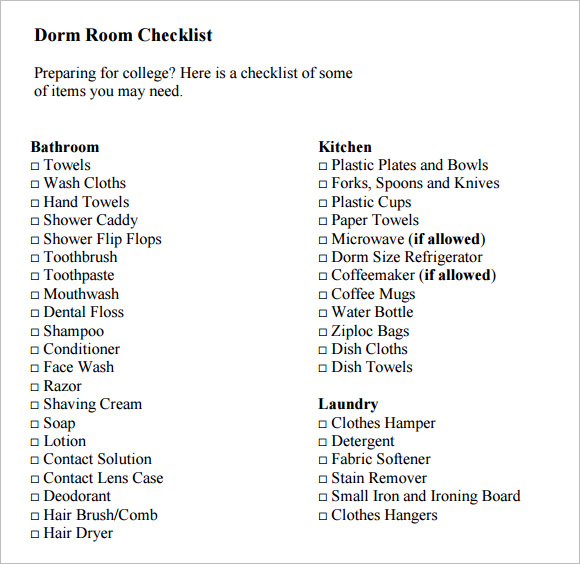 dorm room bathroom checklist
