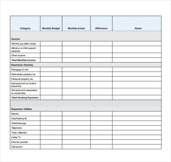 sample personal budget template