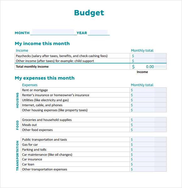 sample of a personal monthly budget