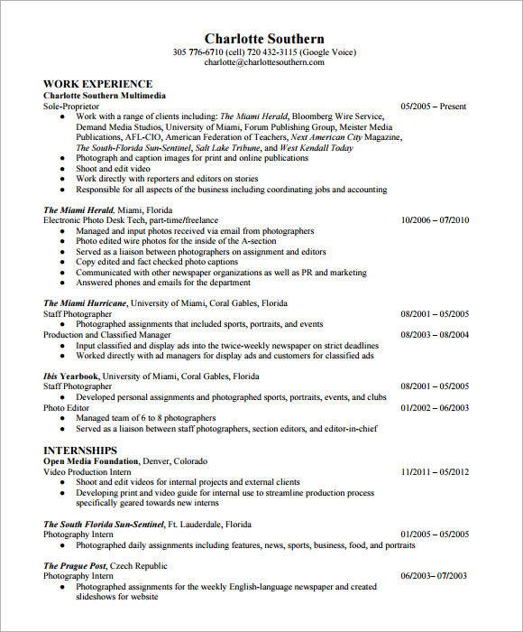 photographer resume pdf