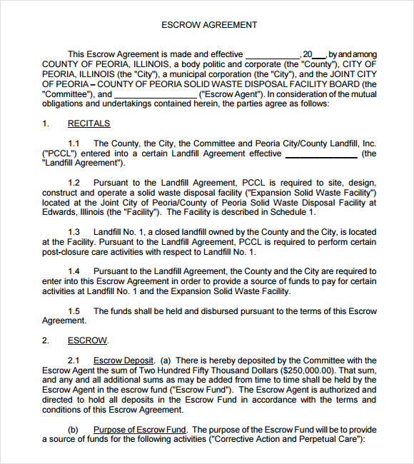 sample escrow agreement form