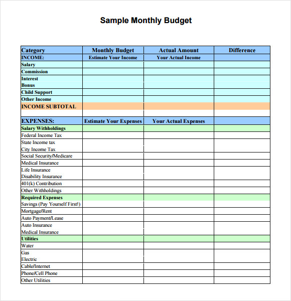 sample personal budget template