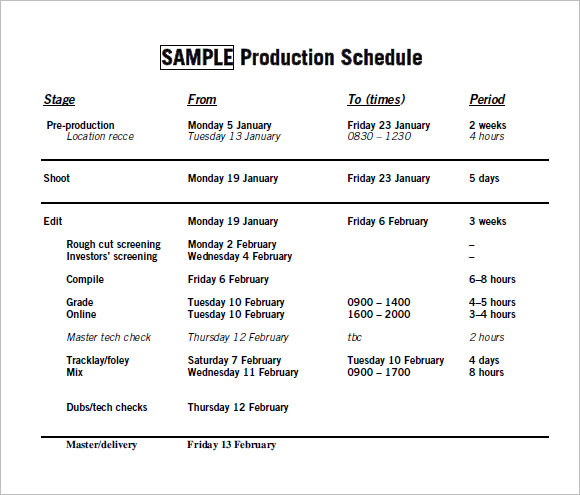 sample prod schedule