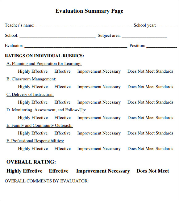 teacher evaluation form summary