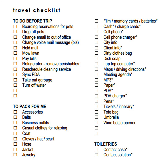 FREE 10+ Travel Checklist Samples in Excel Google Docs MS Word