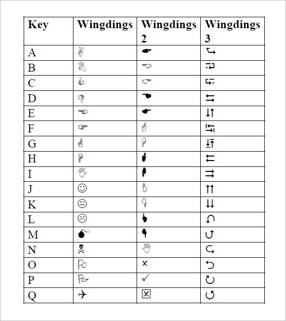 wingdings symbol chart