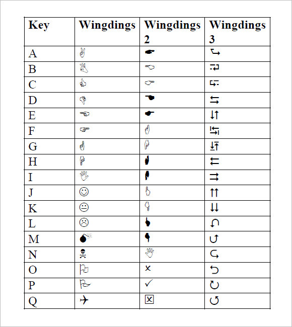 Wingdings Printable Chart