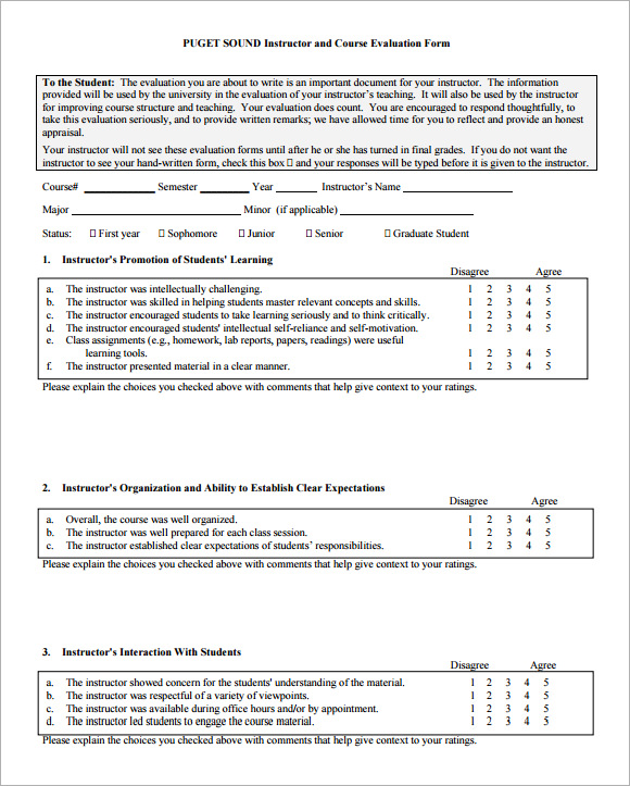 course evaluation form printable