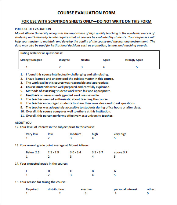 simple course evaluation form example
