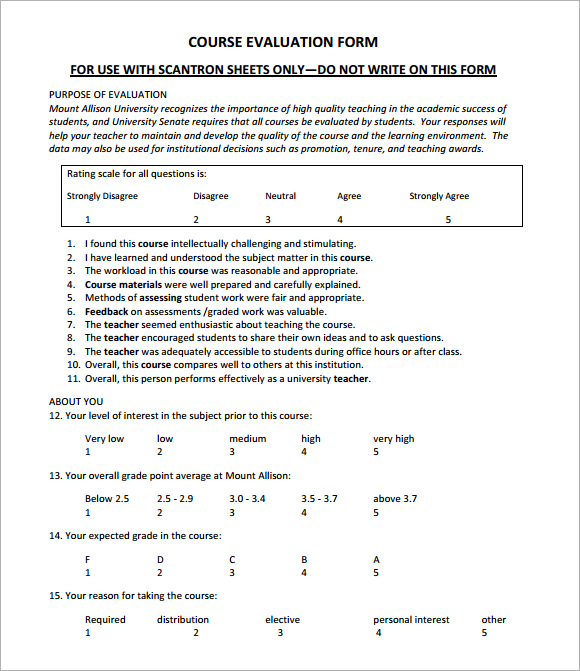 9 Course Evaluation Forms Sample Free Examples Format Sample 