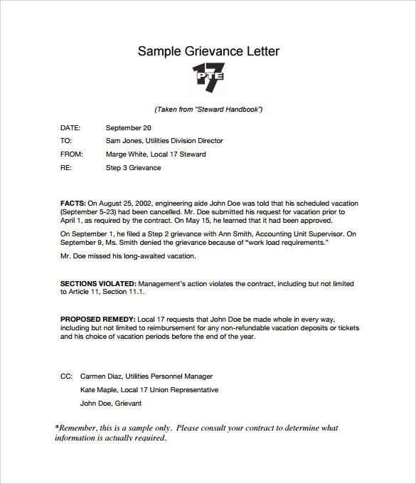 sample employee grievance letter