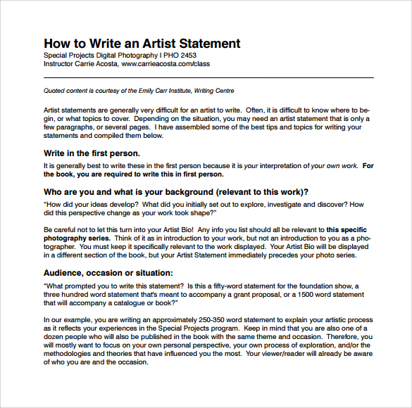 9 Sample Artist Statements Sample Templates