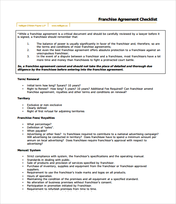 franchise agreement checklist