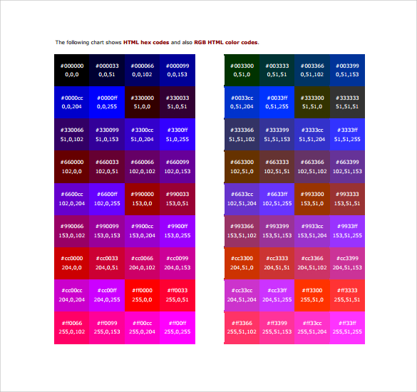 rgb html color code chart