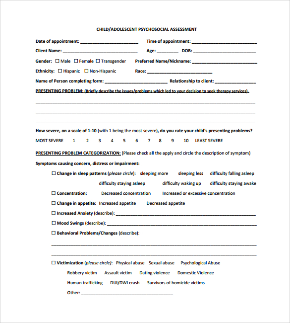 child psychosocial assessment form