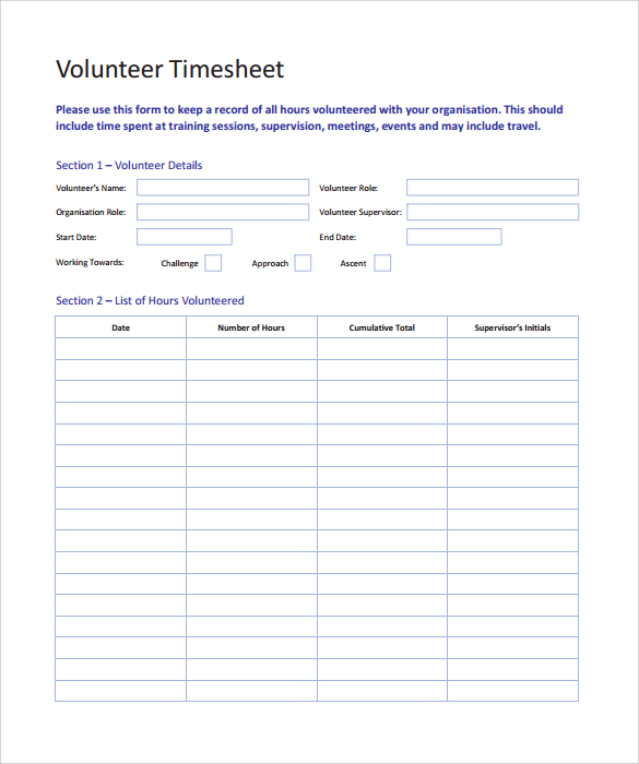 volunteer time sheet sample