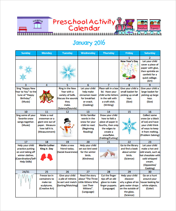 FREE 17  Preschool Calendar Templates in Google Docs MS Word Apple