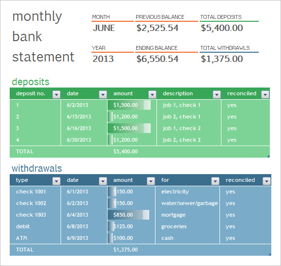 bank statement template excel