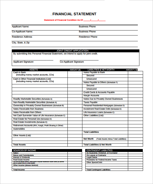 financial statement worksheet