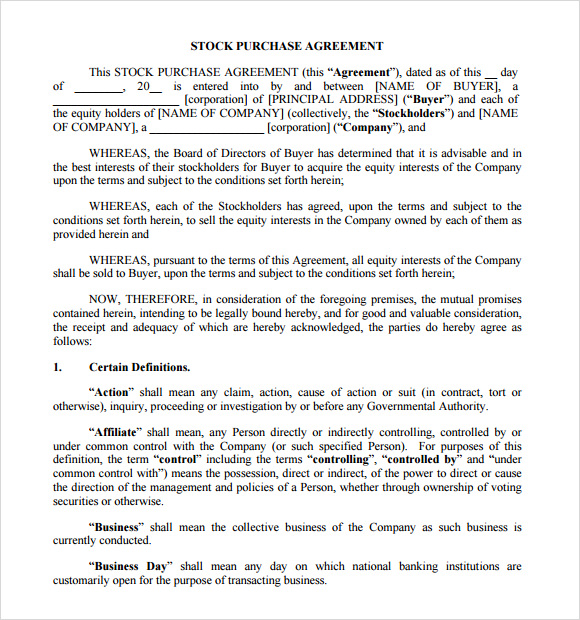 Stock Purchase Agreement Template Free