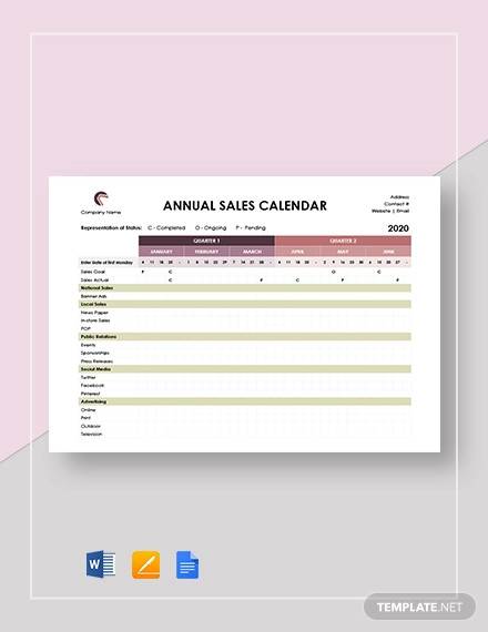 annual sales calendar template