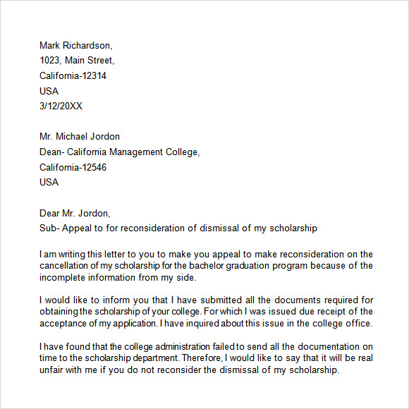 how to write a letter of appeal to a college dean