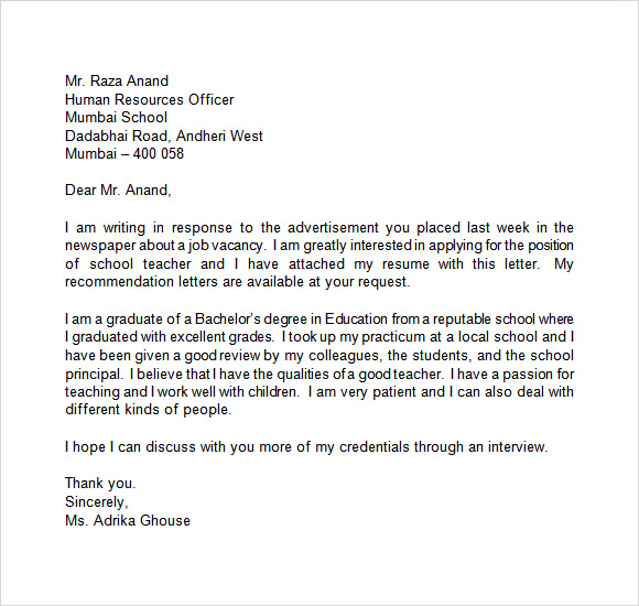 unsolicited application letter for teacher