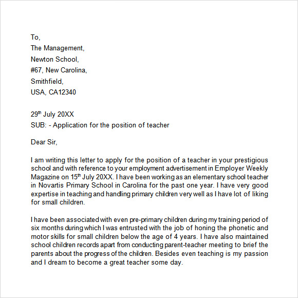 Writing application letter for the post of teacher