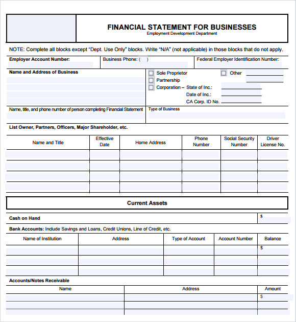 business financial statement template
