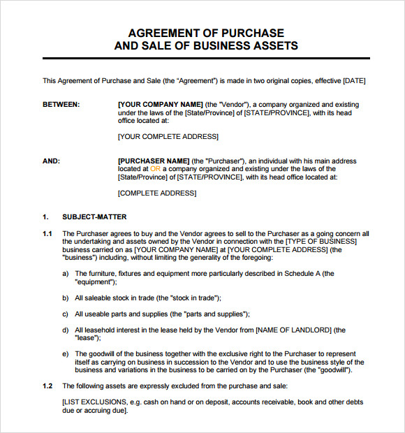 Sale Of Business Contract Template Free