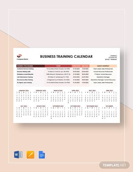 business training calendar template