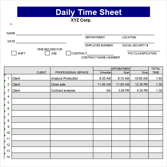 8 Sample Daily Timesheet Templates Sample Templates