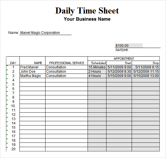 daily timesheet template excel