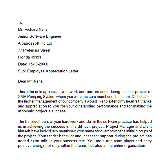 Sample Appreciation Letter To Employee from images.sampletemplates.com