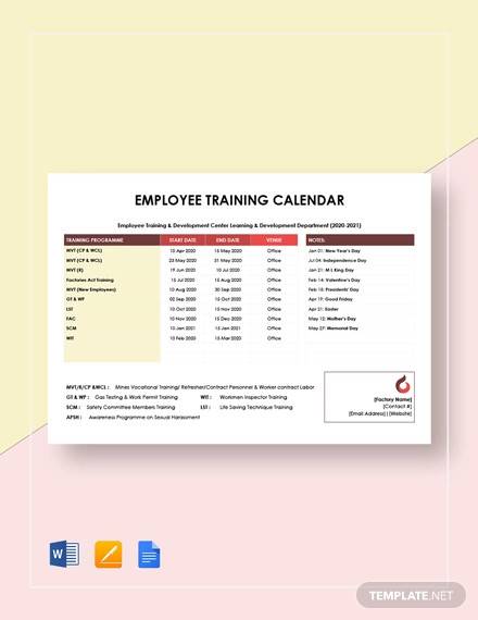 employee training calendar template