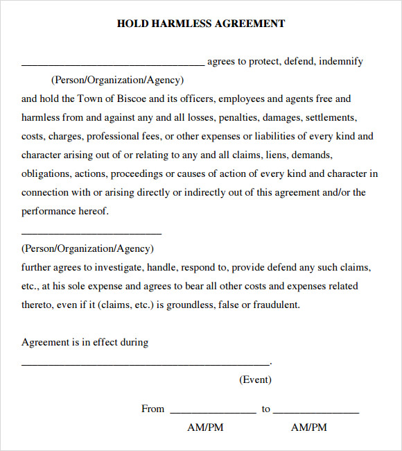 free hold harmless agreement form