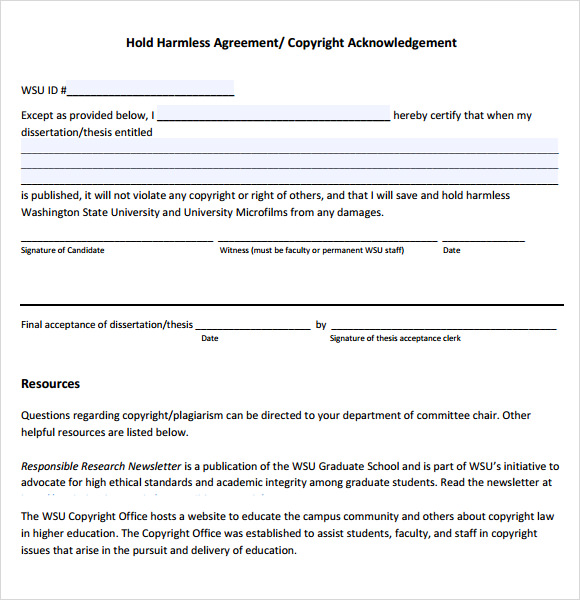 free hold harmless agreement