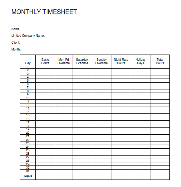 Monthly Timesheet Template Free Download