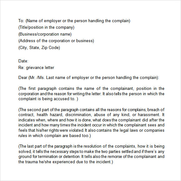 grievance template letter Sample Letters Templates  12 Word â€“  PDF, Grievance Sample