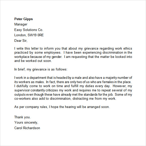 grievance letter to employer