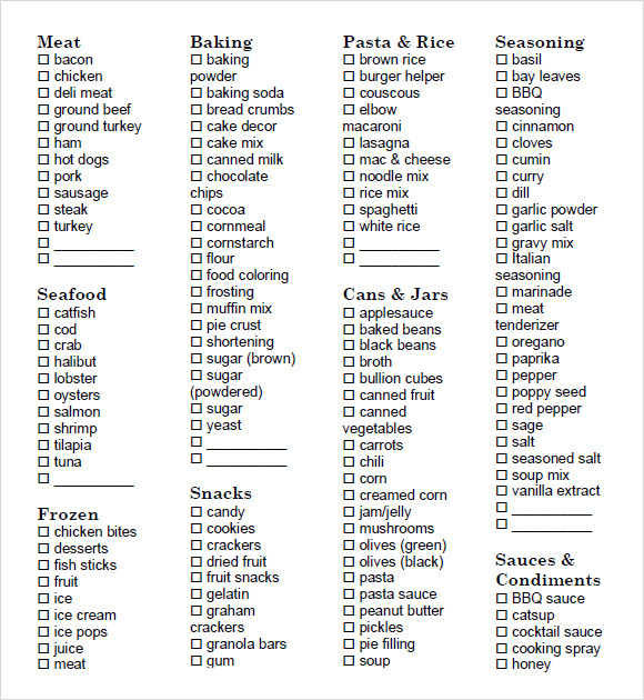 grocery list template sample