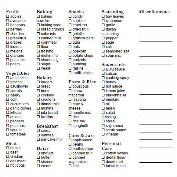 Free 8 Grocery List Samples In Pdf Ms Word Excel