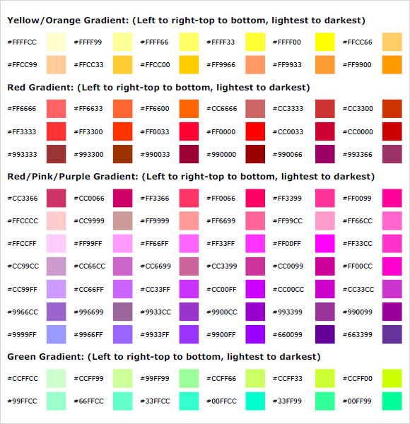 hexadecimal color gradient chart