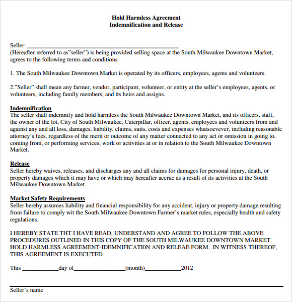 hold harmless agreement template pdf
